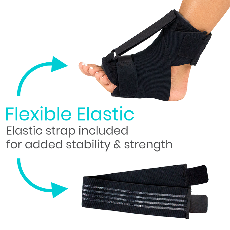 Black foot brace with elastic strap on a white background