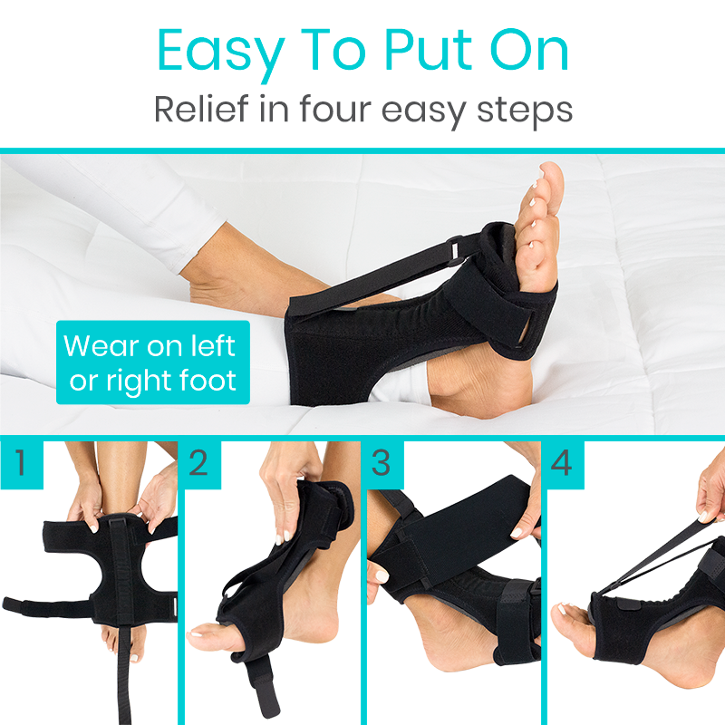 Step-by-step guide on how to put on a black foot support brace.