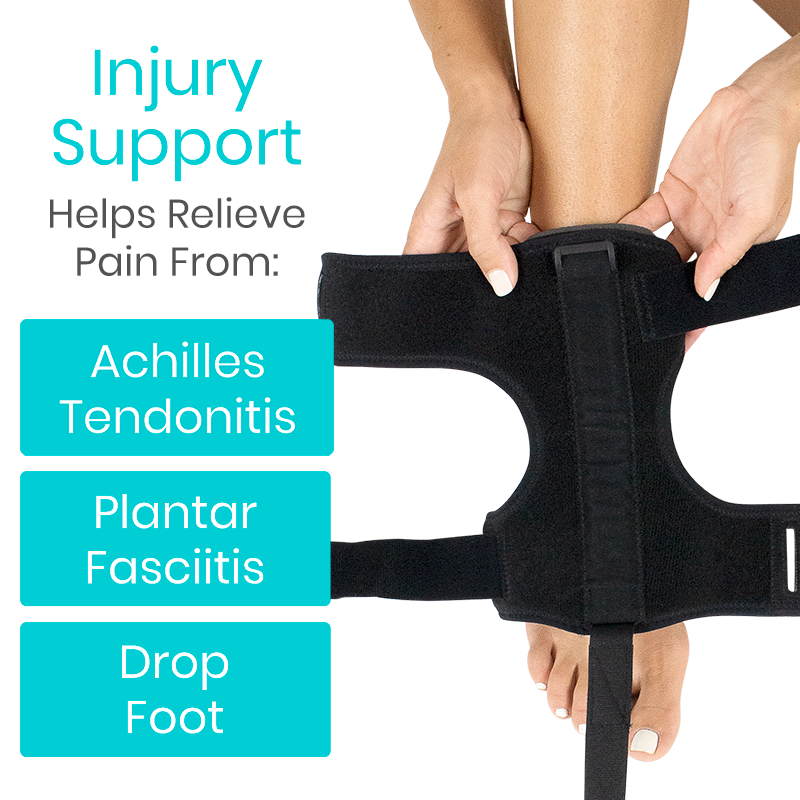 Black ankle support brace being worn with text highlighting injury support for Achilles tendonitis, Plantar Fasciitis, and Drop Foot.