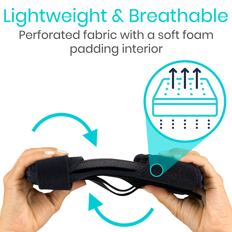 Hands holding a black headband with text about lightweight and breathable fabric.
