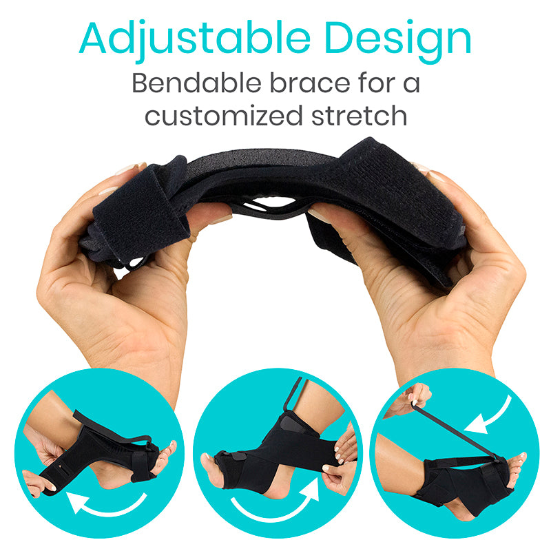 Bendable brace held by hands with text 'Adjustable Design' and 'Bendable brace for a customized stretch'.