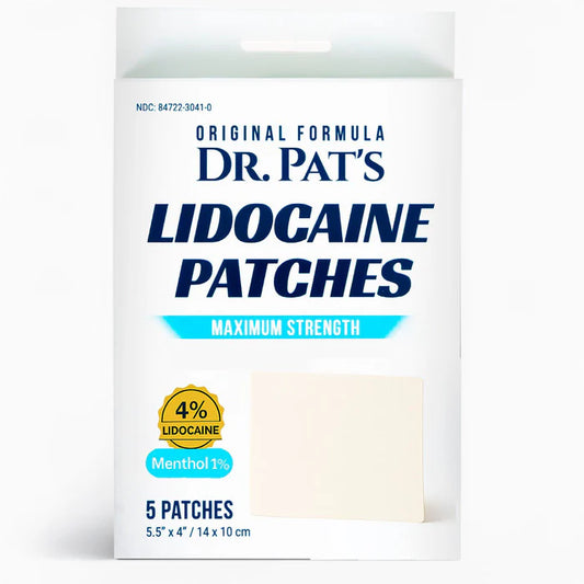 Packaging of Dr. Pat's Lidocaine Patches on a white background
