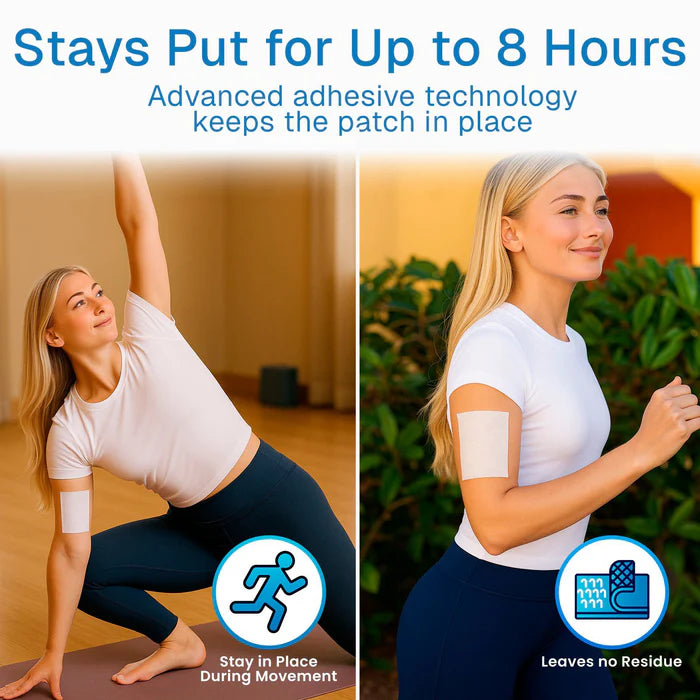 Woman exercising with a patch on her arm, highlighting adhesive technology benefits.