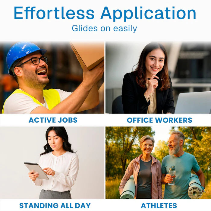 Collage of people in various professions with text about effortless application.