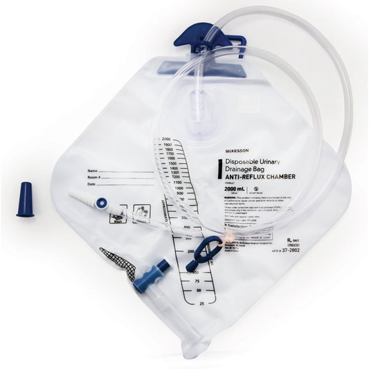 Disposable urinary drainage bag with measurement scale on a white background