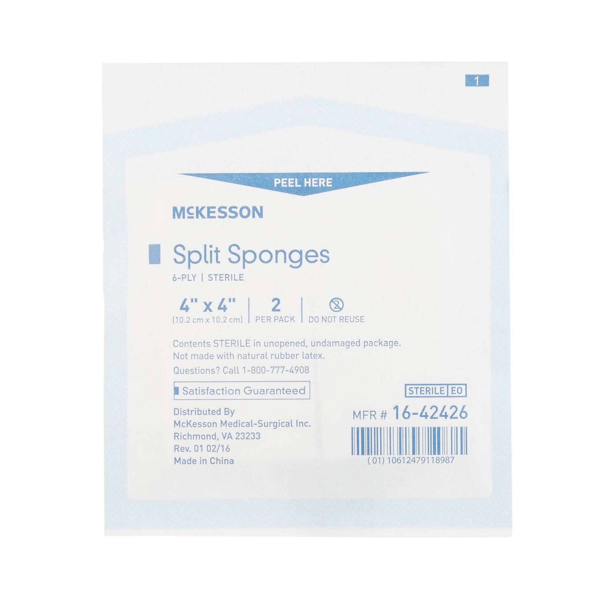 Package of McKesson split sponges with instructions on a white background