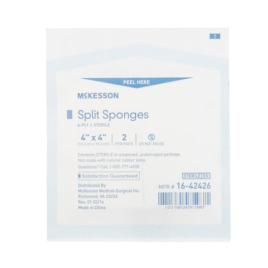 Package of McKesson split sponges with instructions on a white background