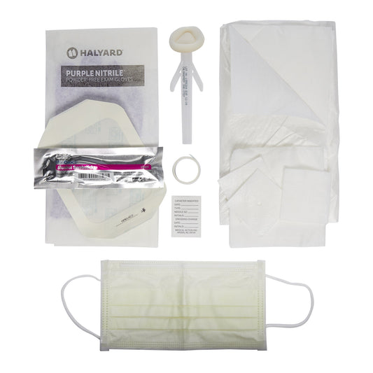 Collection of medical supplies including gloves, masks, and other equipment on a white background