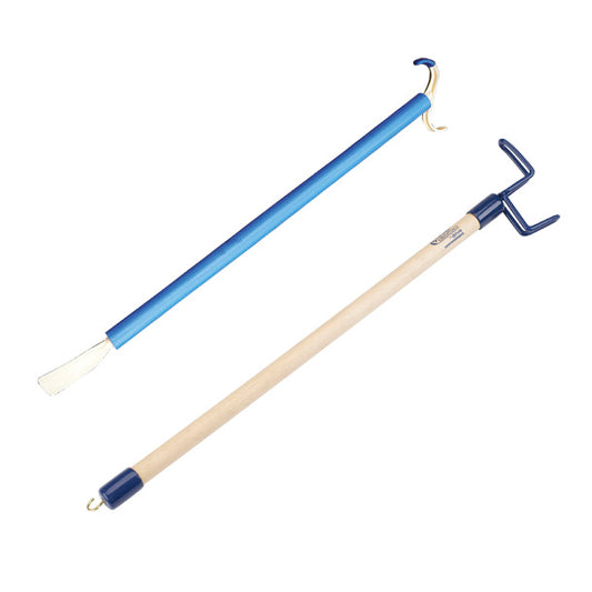 Two extendable poles with hooks on a white background