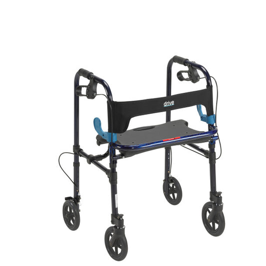 Black and blue walker with wheels on a white background