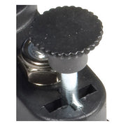 Close-up of a black knob on a metal screw with a white background