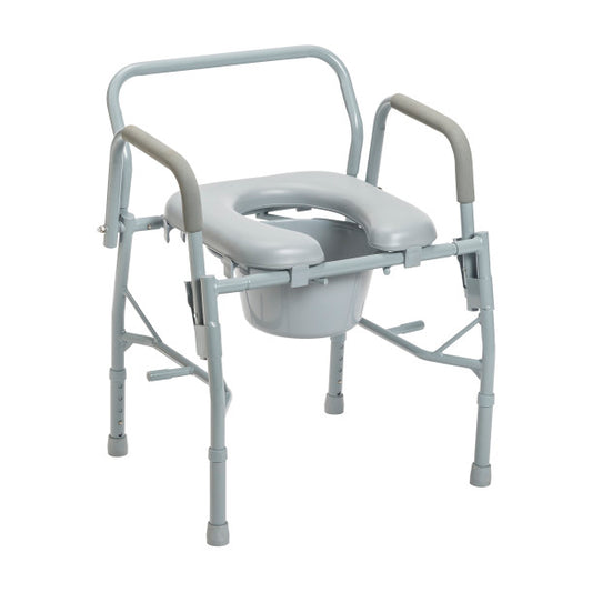 Gray commode chair with adjustable arms on a white background