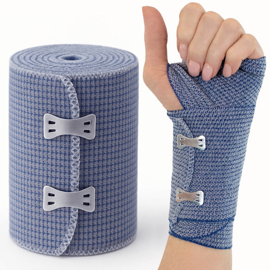 Blue elastic bandage roll with a person wearing a blue wrist support on a white background
