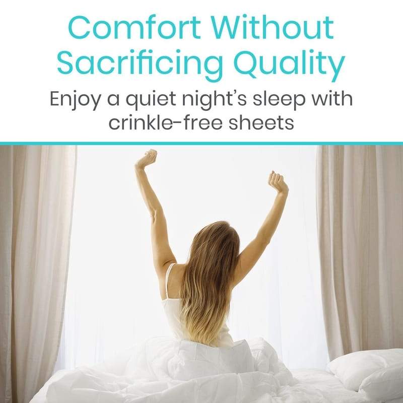 Woman waking up in bed with text about crinkle-free sheets