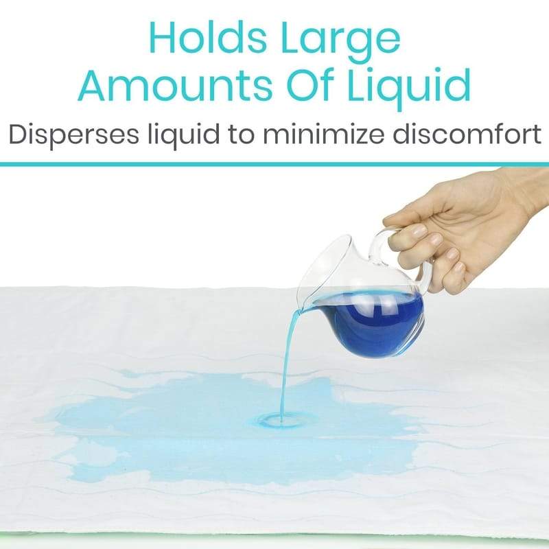 Hand pouring blue liquid from a container onto a white surface with text about holding large amounts of liquid.