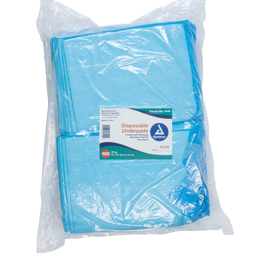 Dynarex® Disposable Underpads - 23" x 24" - 31g Fluff Fill - Light Absorbency