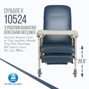 Dynarex 10524 3-position bariatric geri chair recliner in navy blue vinyl with a beige tray table, shown on a white background with product specifications and a Dynarex logo.