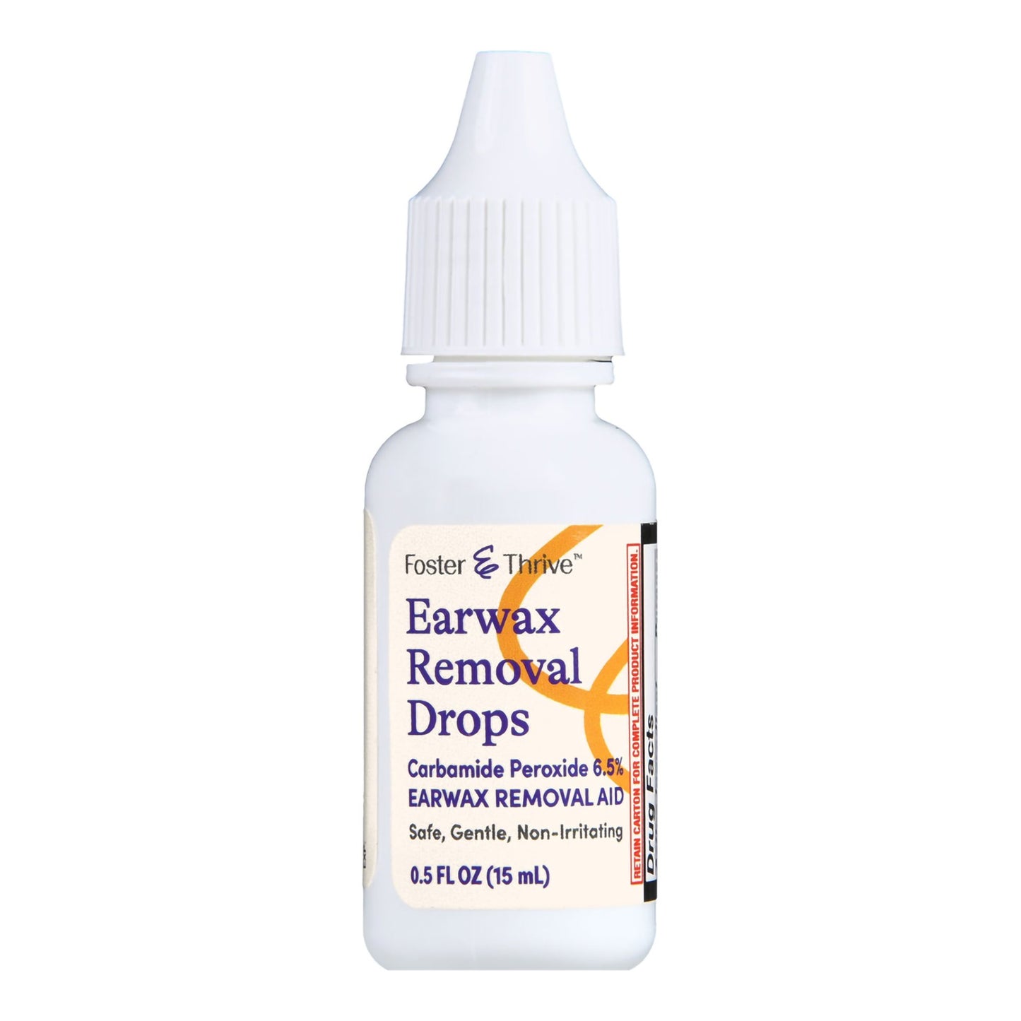 Bottle of Foster & Thrive earwax removal drops on a white background