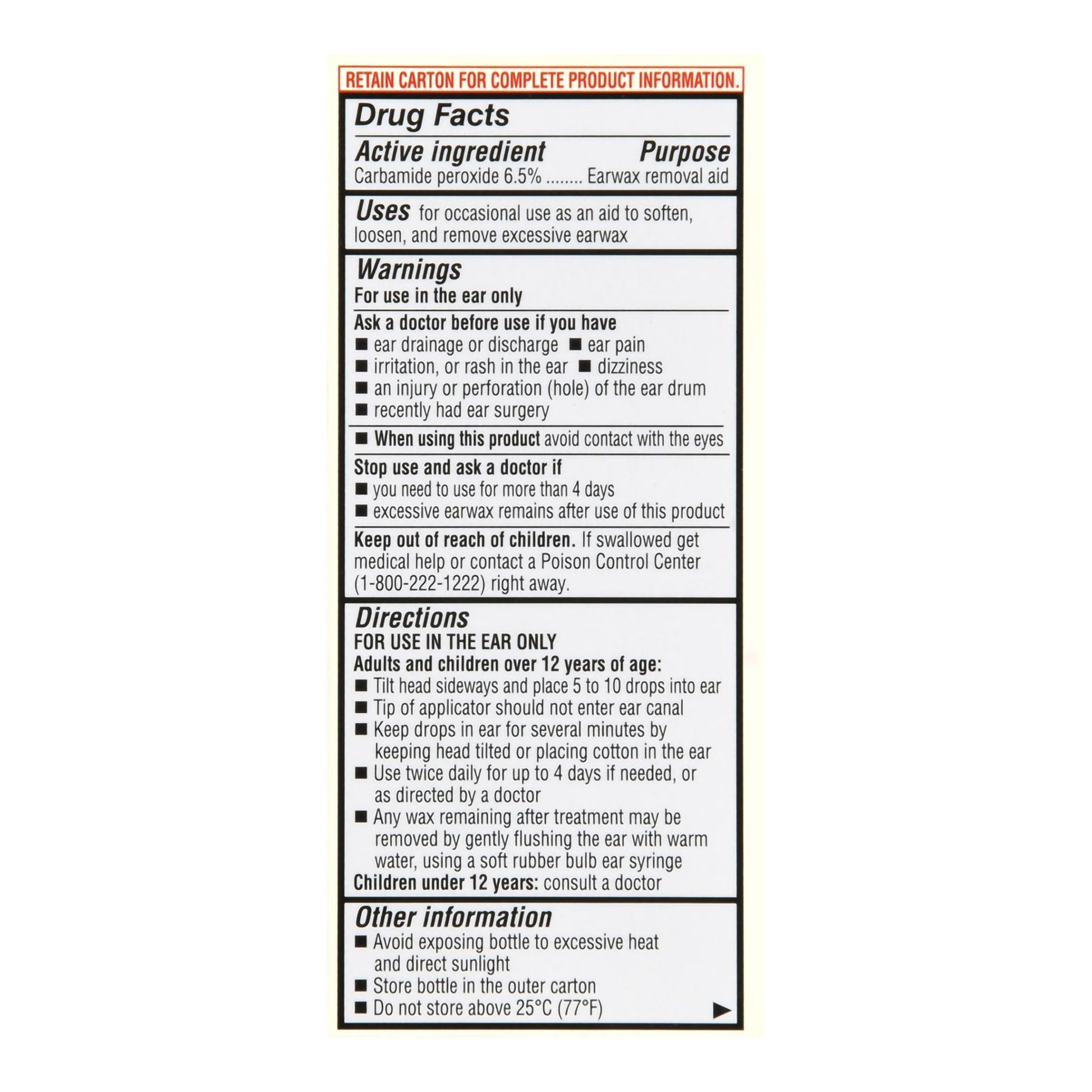 Drug facts label for earwax removal aid on a white background