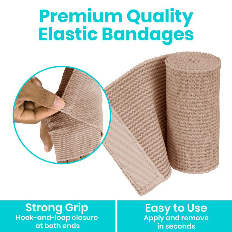 Two rolls of beige elastic bandages with a close-up of a hand applying them, on a white background.