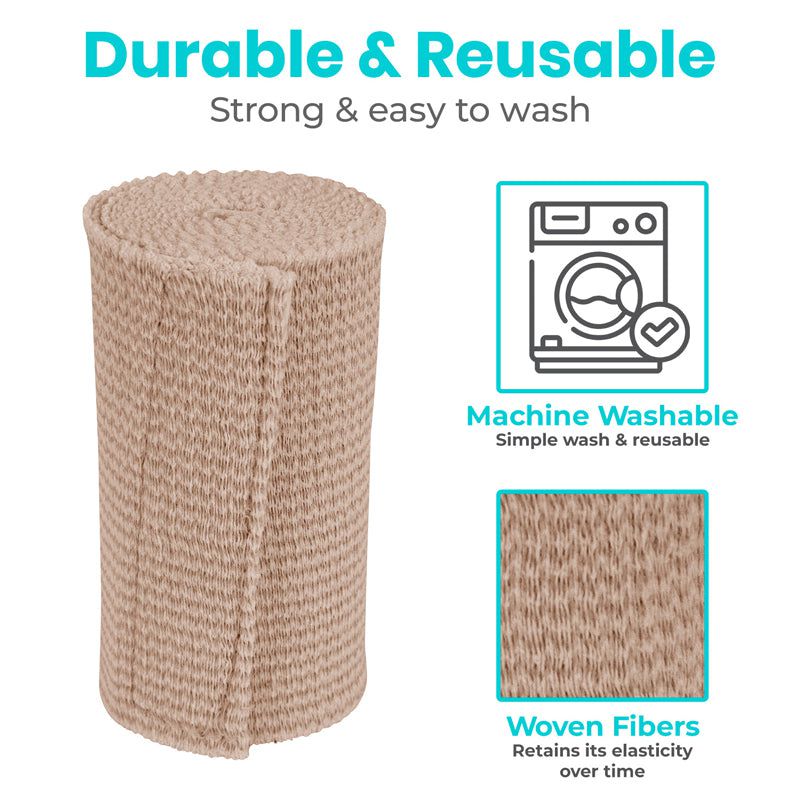 Roll of beige woven material with text highlighting durability, washability, and fiber retention.