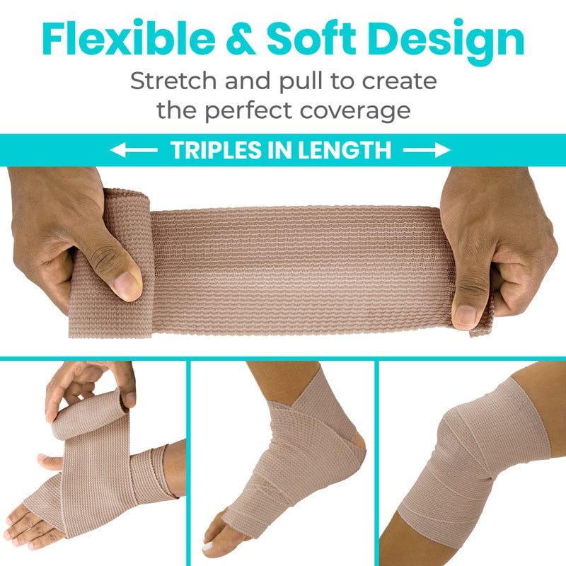 Elastic bandage with hands stretching and applying it to different parts of the body, highlighting its flexibility and soft design.