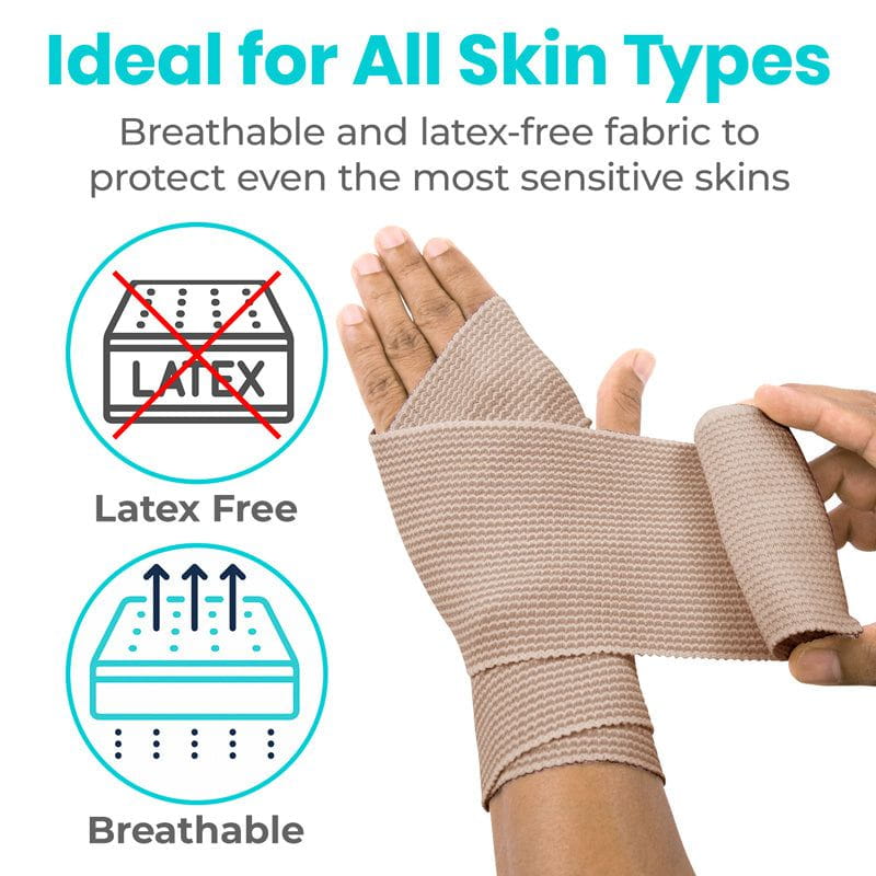 Hand wearing beige bandage with text highlighting latex-free and breathable properties.