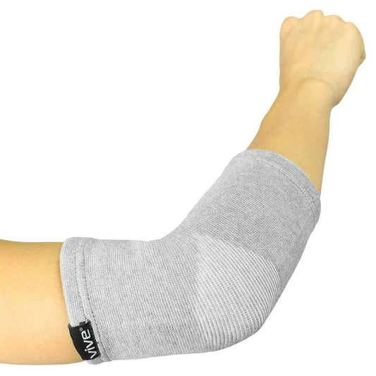 Gray elbow brace on a person's arm with a white background