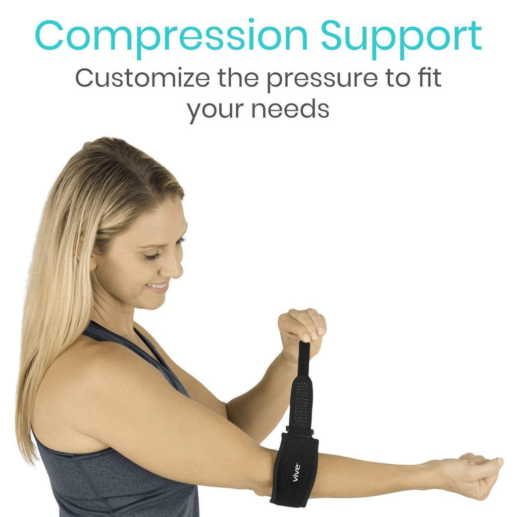 Woman using compression support on her arm with text 'Compression Support' and 'Customize the pressure to fit your needs'.