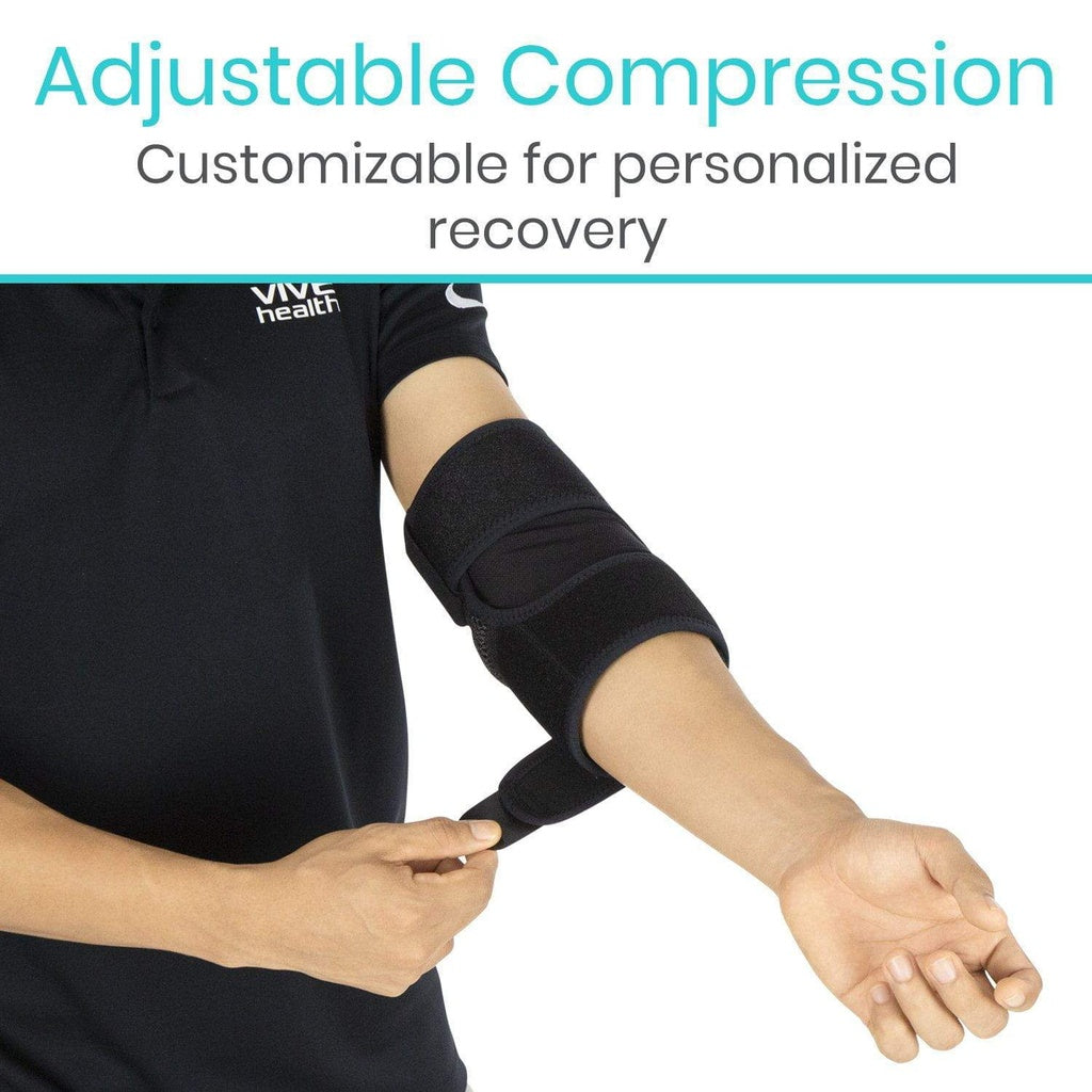 Person wearing an adjustable compression sleeve on their arm with text about customizable recovery.