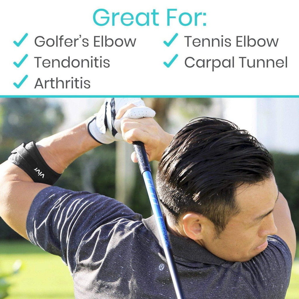 Man golfing with a product on his wrist, promoting relief for various conditions.