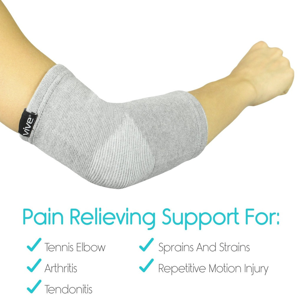 Gray elbow support brace on a person's arm with text highlighting its uses.