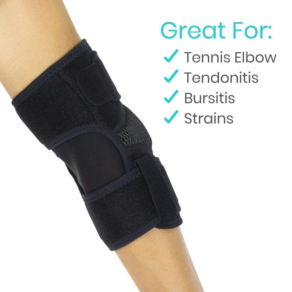 Black elbow brace on a person's arm with text indicating it's great for tennis elbow, tendonitis, bursitis, and strains.