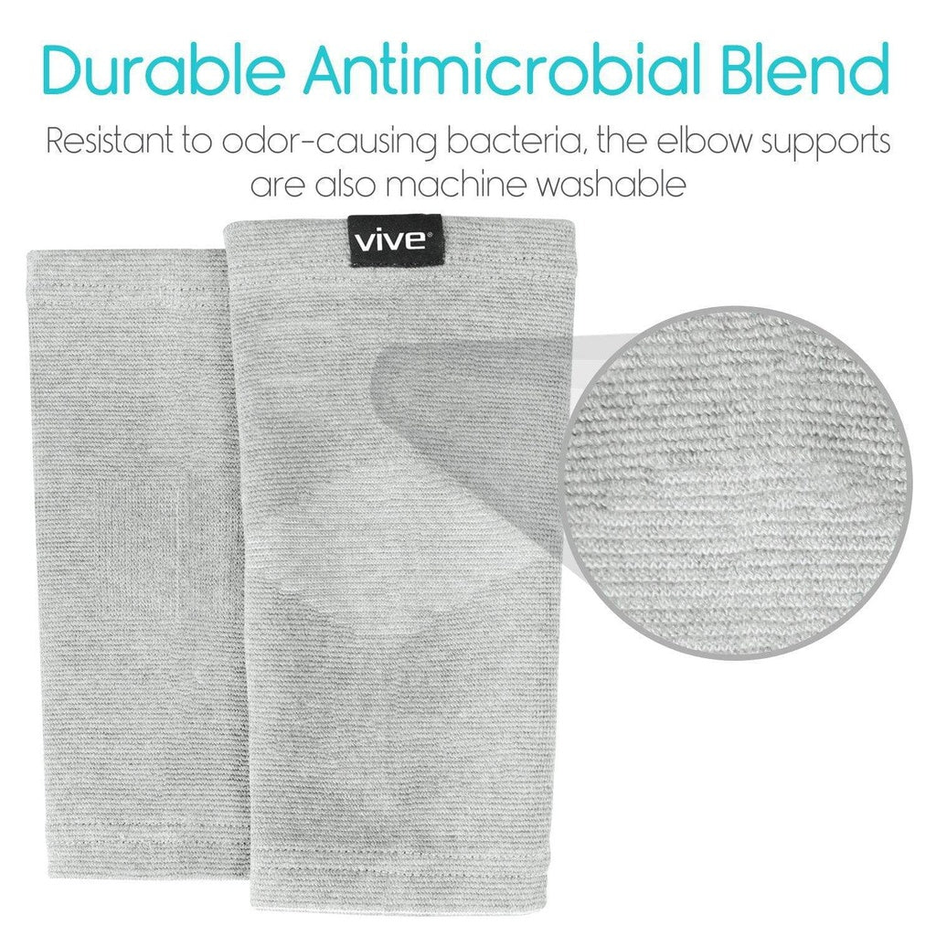 Gray elbow support with 'Vive' branding on a white background, featuring text about durability and antimicrobial properties.