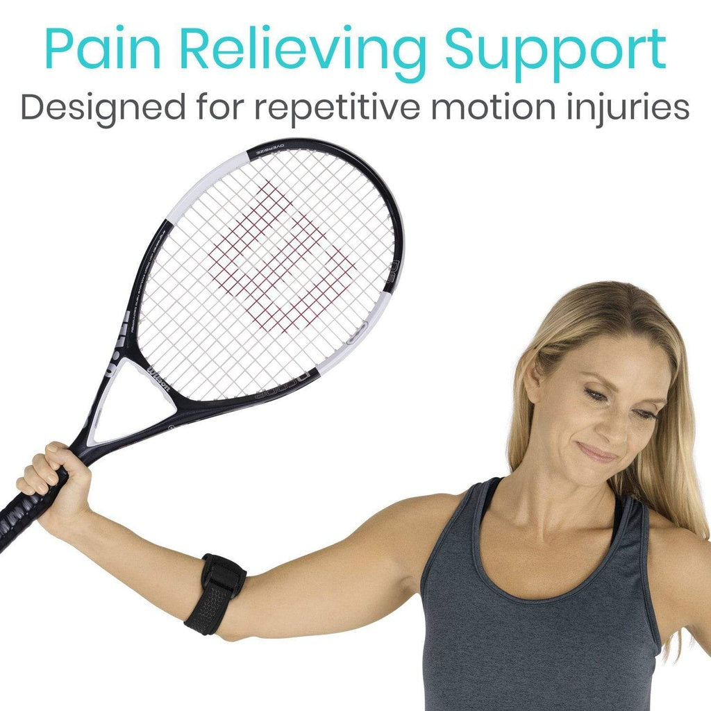 Woman holding a tennis racket with an arm brace, text about pain relieving support for repetitive motion injuries.