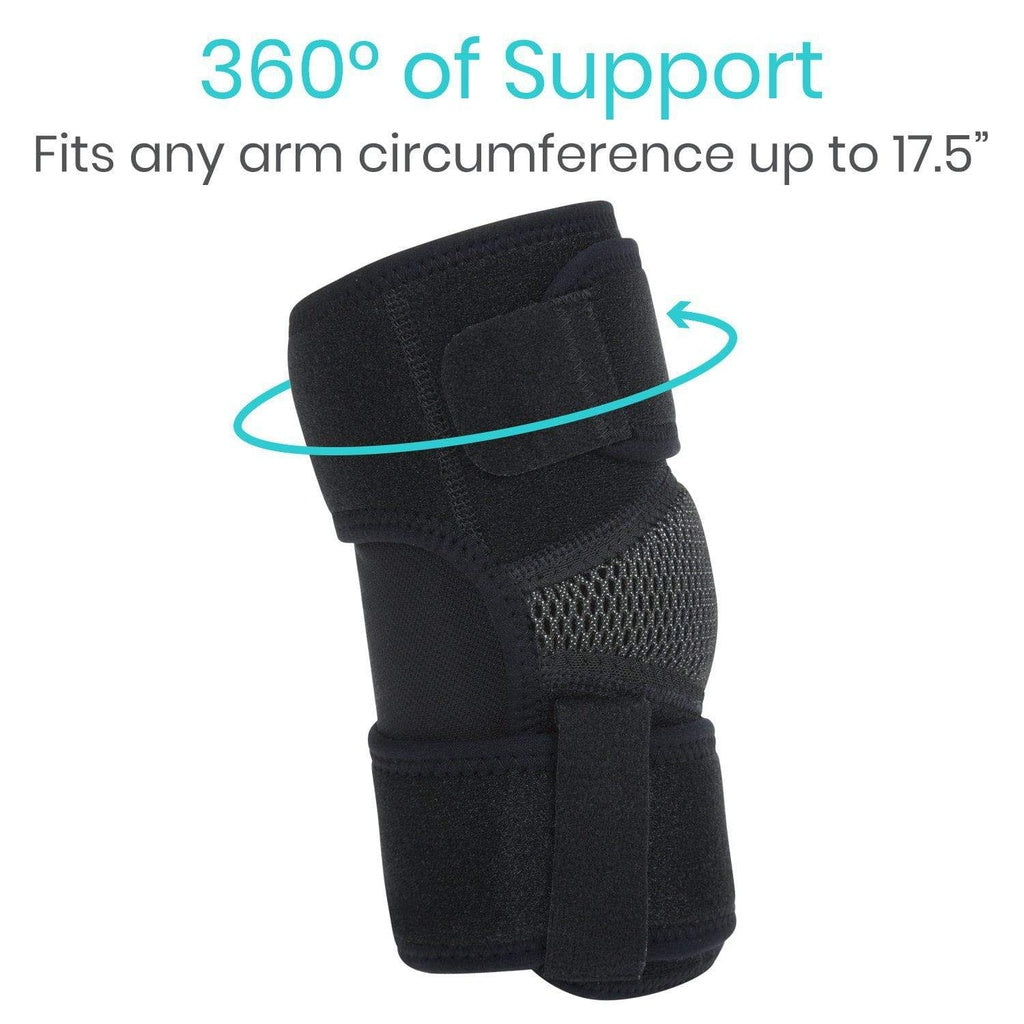 Black arm support brace with text indicating '360° of Support' and fitting information on a white background.