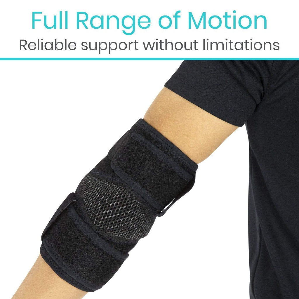 Black elbow support brace on a person's arm with text 'Full Range of Motion' and 'Reliable support without limitations'.