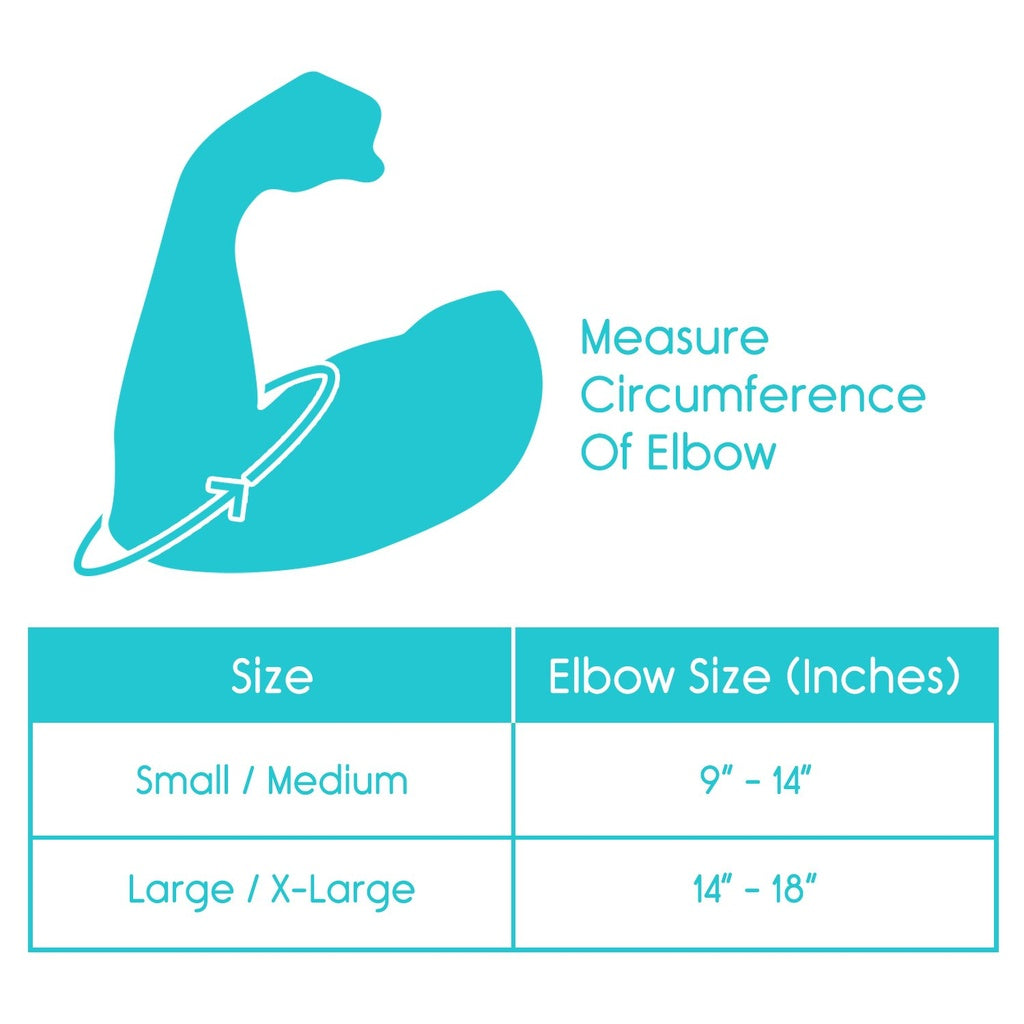 Elbow measurement chart with a blue arm icon and size guide on a white background