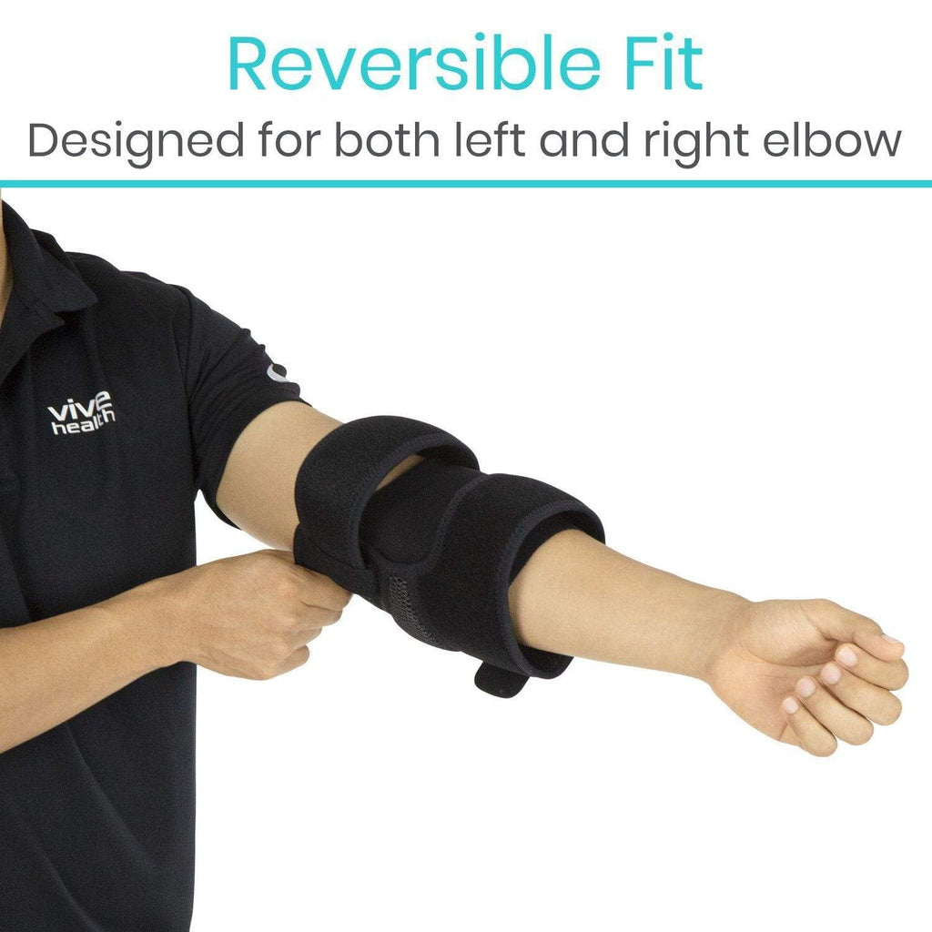 Person wearing a black elbow support with text indicating reversible fit for both left and right elbows.