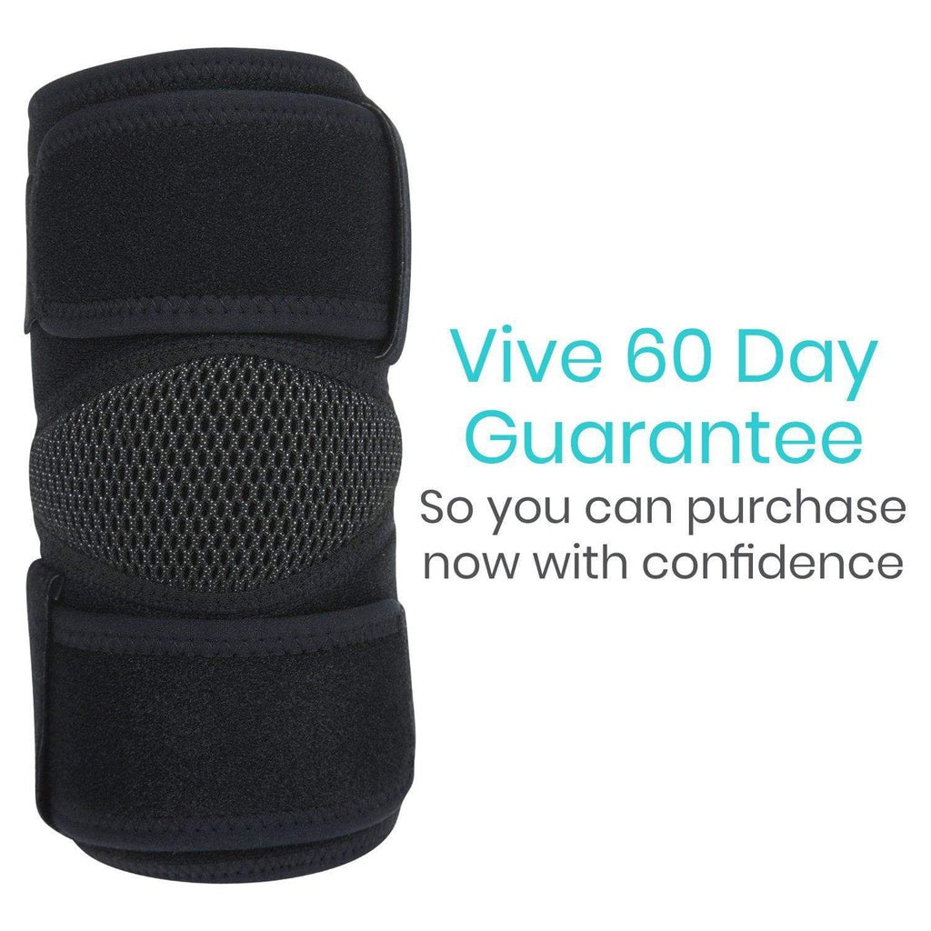 Black knee brace with text 'Vive 60 Day Guarantee' on a white background
