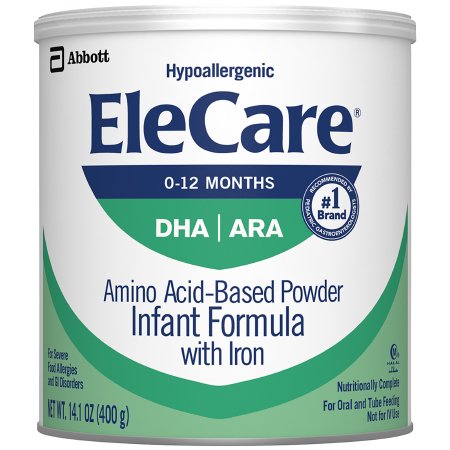 EleCare amino acid-based powder infant formula canister with Abbott branding