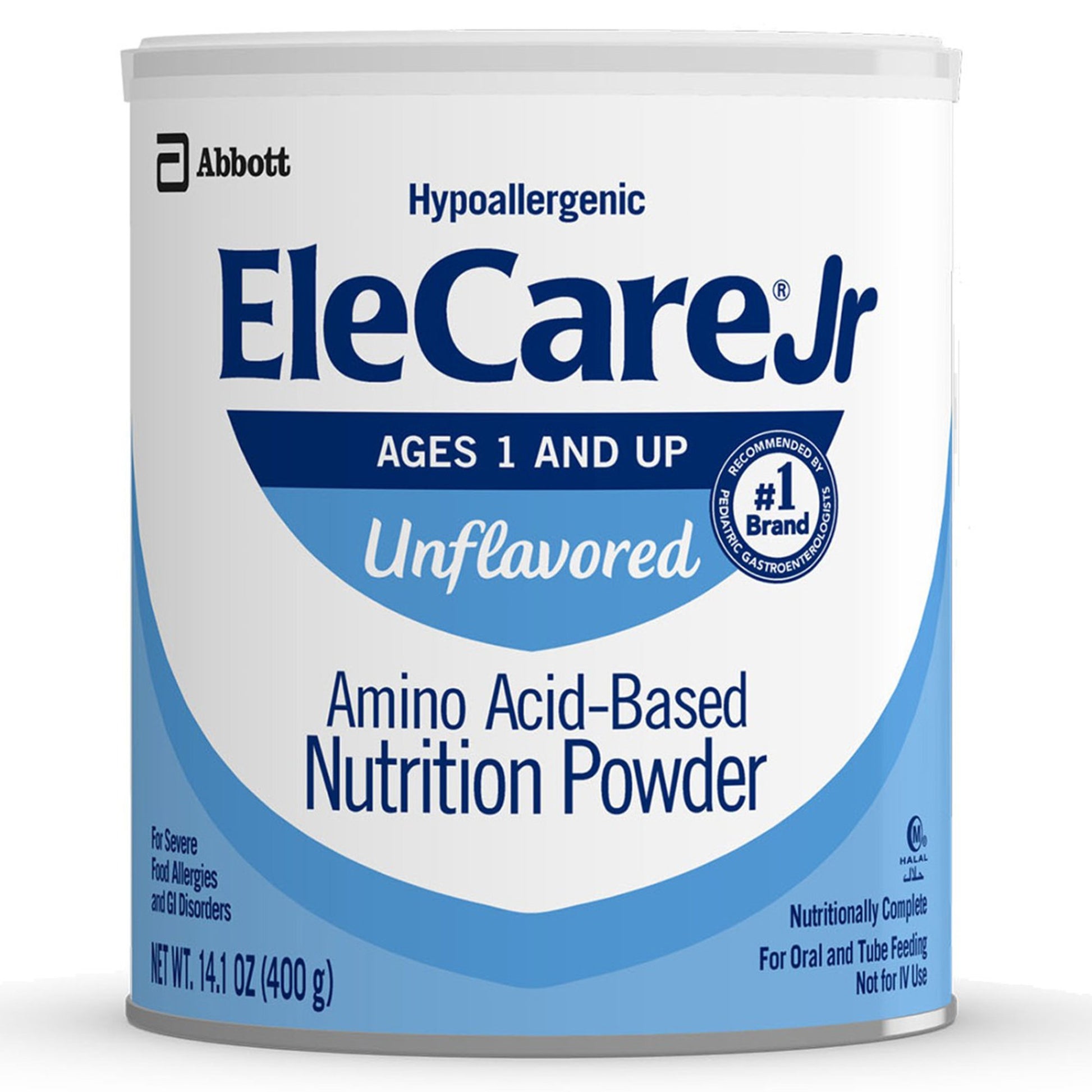 Can of EleCare Jr nutrition powder with Abbott branding on a white background