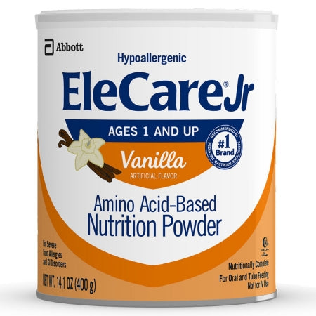 Can of EleCare Jr nutrition powder with vanilla flavor on a white background