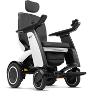 A ForceMech electric wheelchair with a black and white color scheme, featuring a headrest, armrests, and a storage basket, shown from a three-quarters angle on a white background.