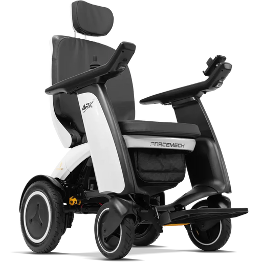 A ForceMech electric wheelchair with a black and white color scheme, featuring a headrest, armrests, and a storage basket, shown from a three-quarters angle on a white background.