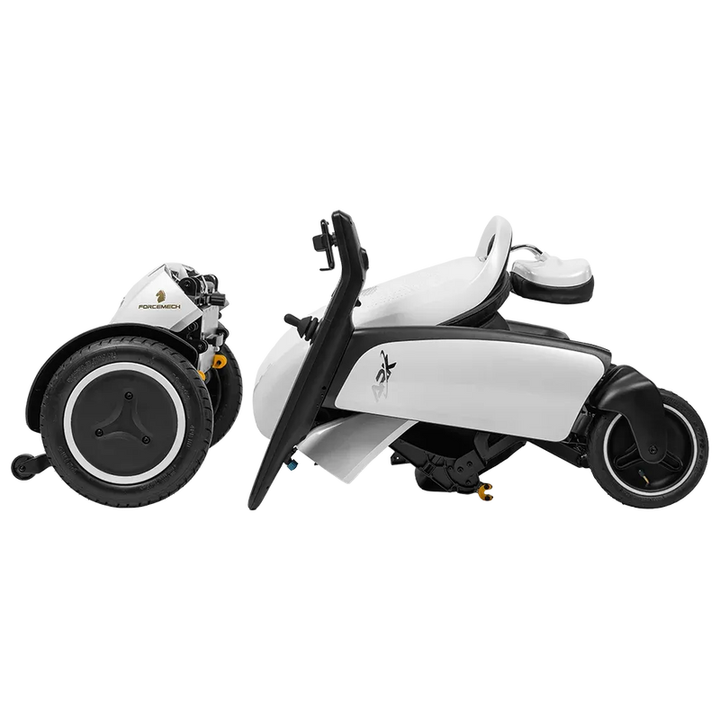 A white and black power wheelchair shown in a side profile view on a solid white background, with its rear wheels folded forward. The brand name 'Palmersa' is visible on the wheel hub.