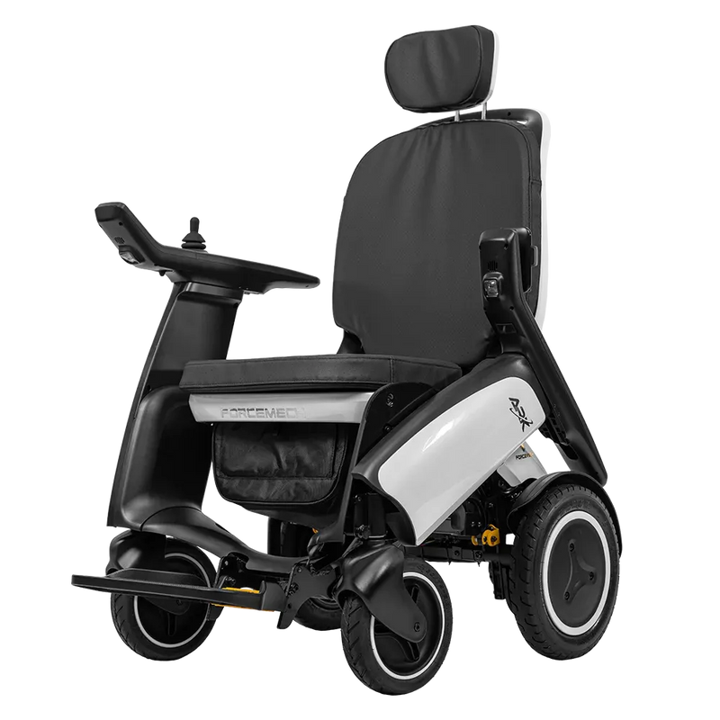 A modern power wheelchair with a black seat, black armrests, and a white side panel, shown from a three-quarter angle against a solid white background.