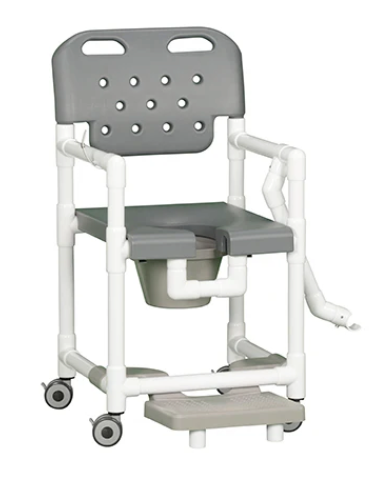 Medical shower chair with gray seat and white frame on a white background