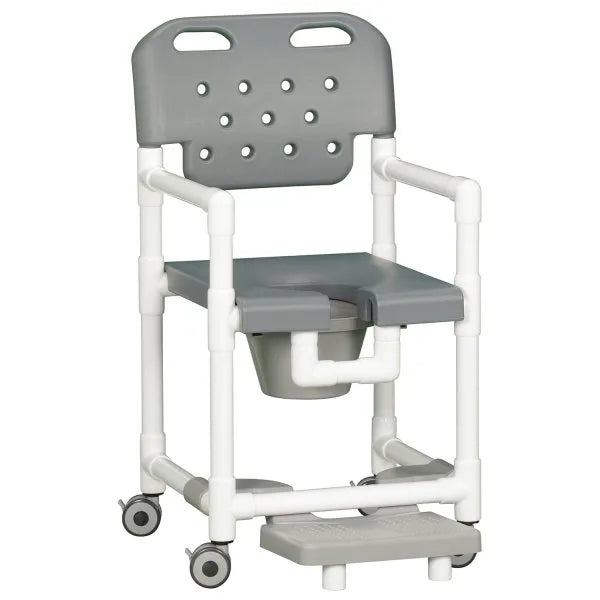 Medical shower chair with gray seat and white frame on a white background