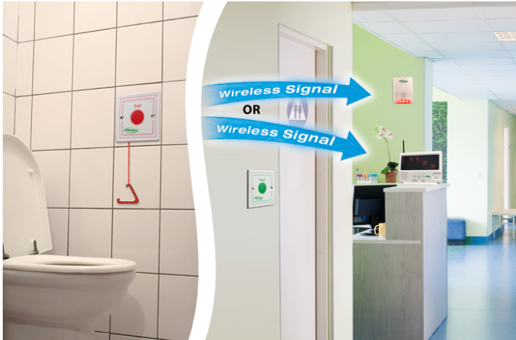 Diagram showing a toilet with a fire alarm and a room with a computer, indicating wireless signal transmission.